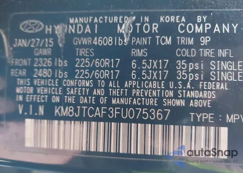 2015 Hyundai Tucson Gls из США, поврежденный, VIN KM8JTCAF3FU075367